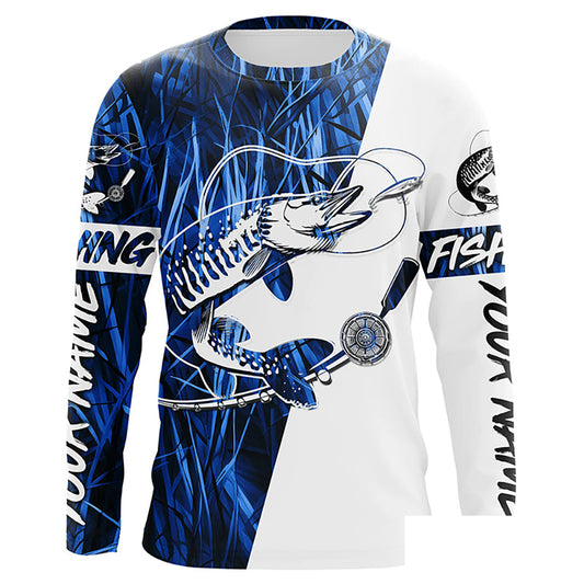Musky Fishing Tattoo Blue Grass Camo Custom Long Sleeve Tournament Shirts, Muskie Fishing Jerseys IPHW6294