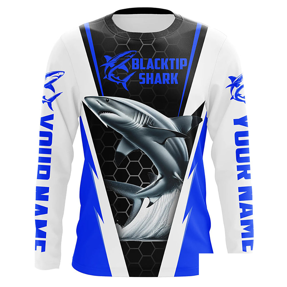 Blacktip Shark Fishing Custom Long Sleeve Performance Shirts, Shark Fishing Apparel | Blue IPHW6305