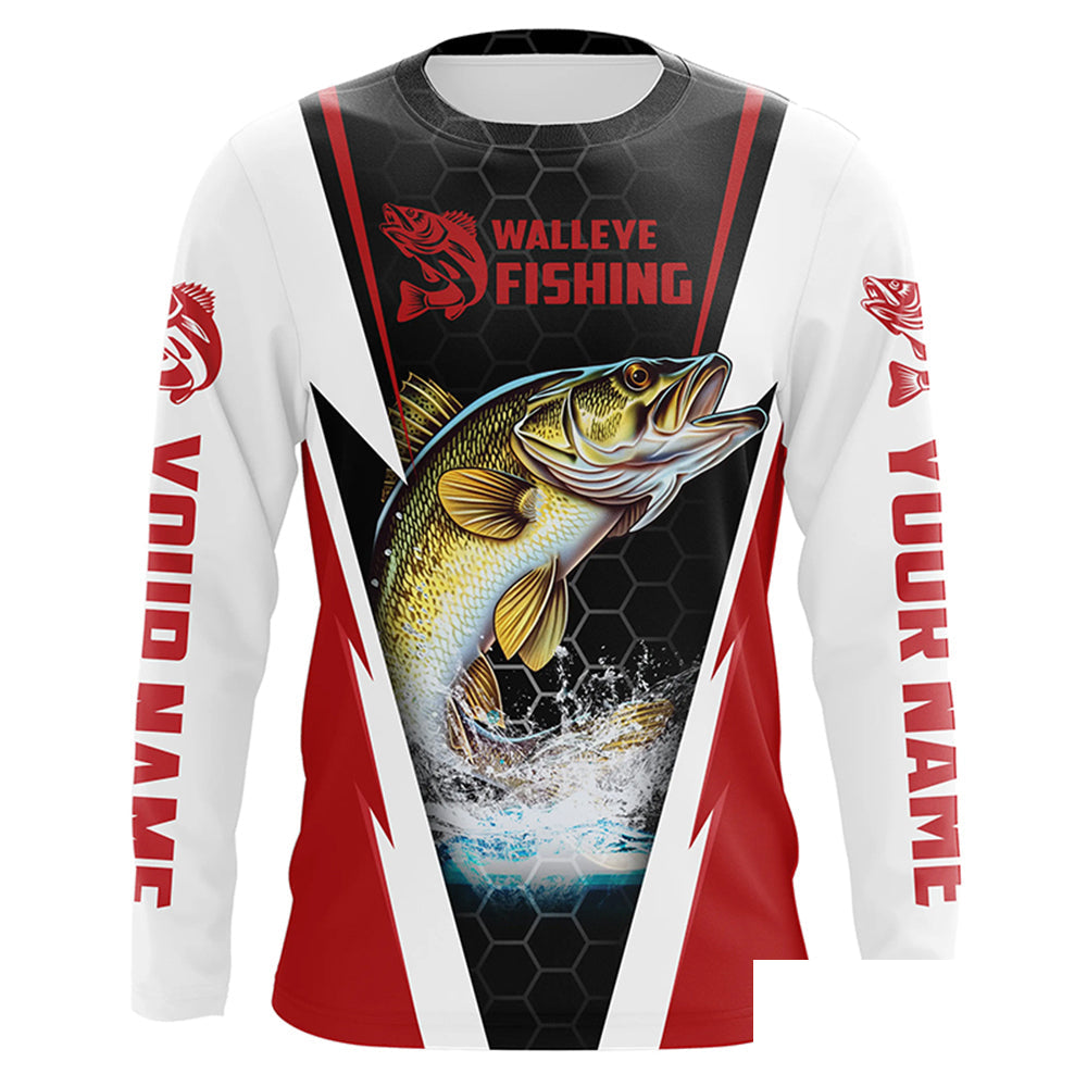Custom Walleye Fishing Jerseys, Walleye Long Sleeve Tournament Fishing Shirts | Red IPHW5714