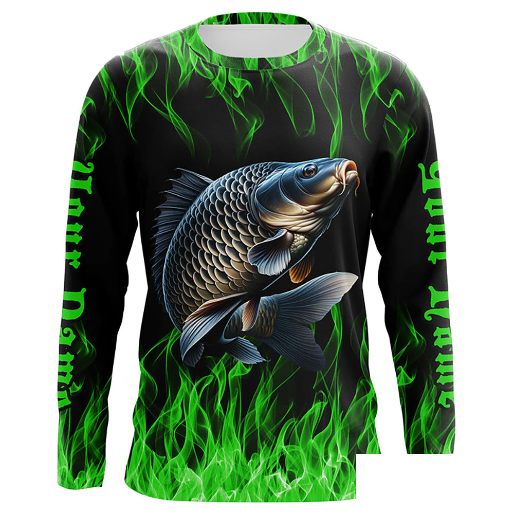 Green Flame Custom Carp Long Sleeve Tournament Fishing Shirts, Carp Uv Protection Fishing Shirt IPHW7364