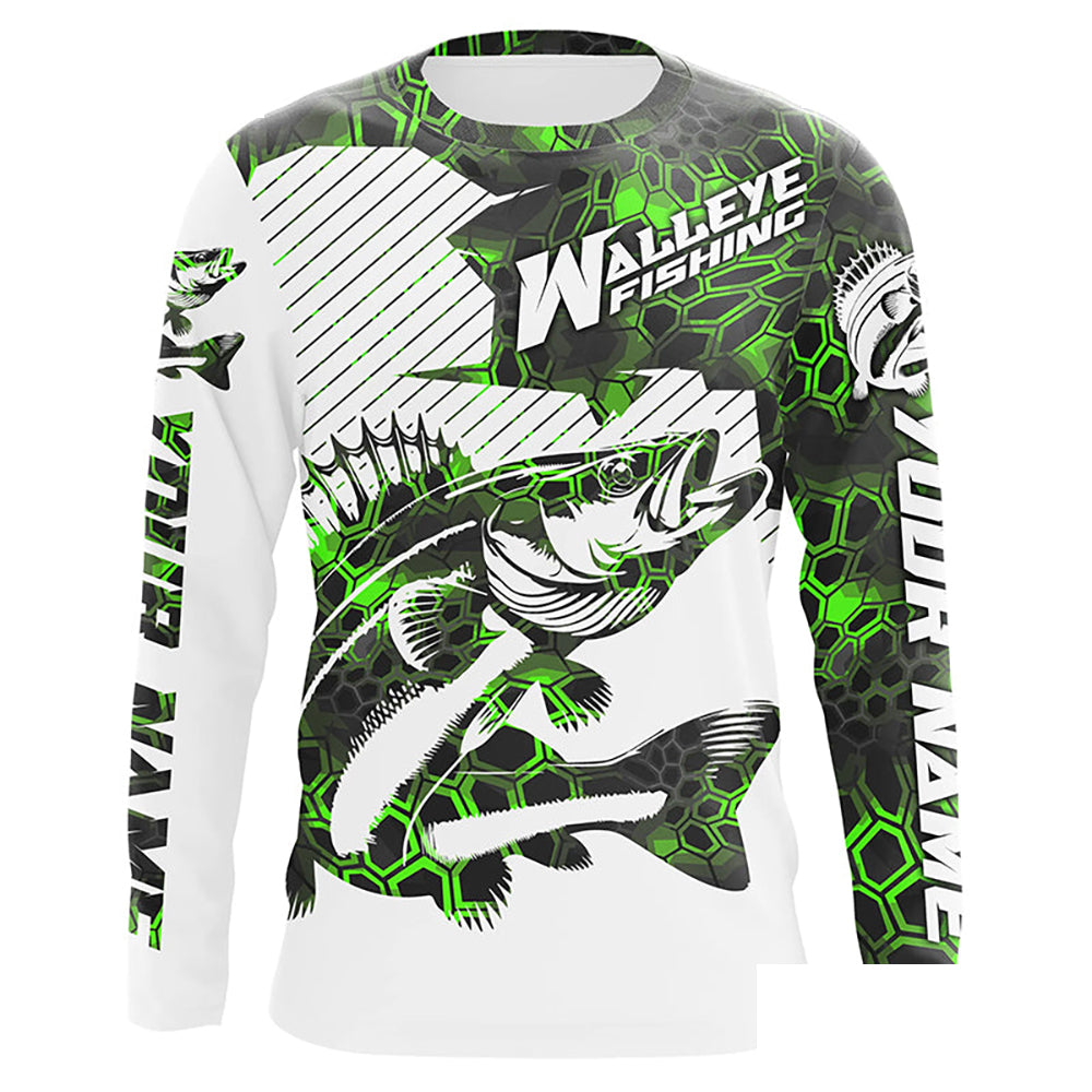 Custom Walleye Fishing Jerseys, Walleye Fishing Long Sleeve Fishing Tournament Shirts | Green Camo IPHW5730