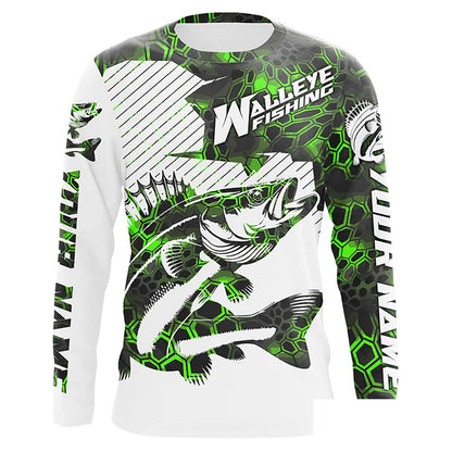Custom Walleye Fishing Jerseys, Walleye Fishing Long Sleeve Fishing Tournament Shirts | Green Camo IPHW5730