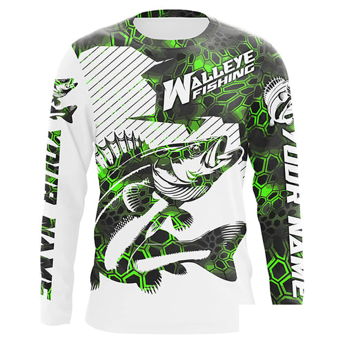 Custom Walleye Fishing Jerseys, Walleye Fishing Long Sleeve Fishing Tournament Shirts | Green Camo IPHW5730