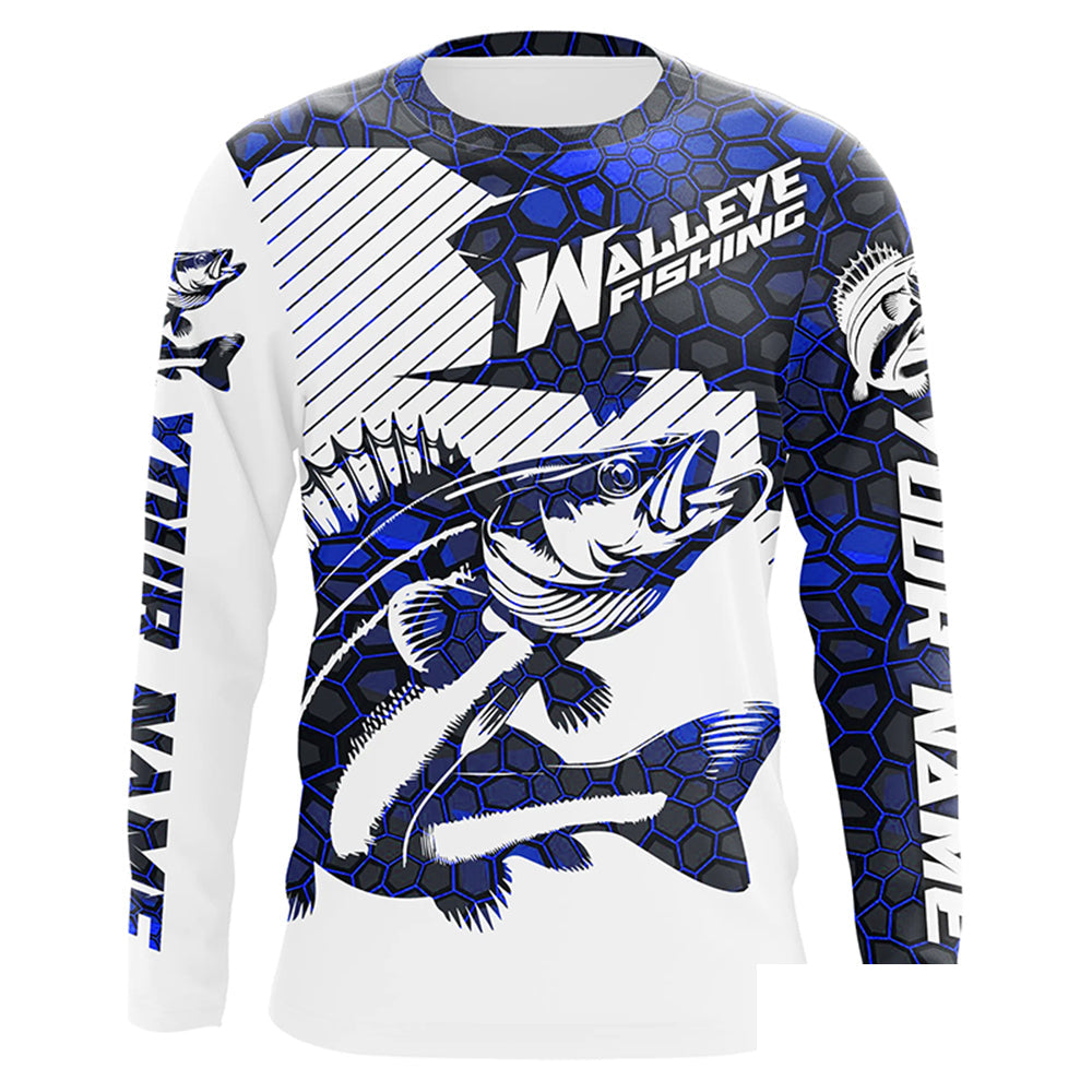 Custom Walleye Fishing Jerseys, Walleye Fishing Long Sleeve Fishing Tournament Shirts | Blue Camo IPHW5731