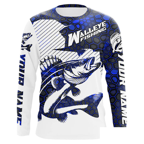 Custom Walleye Fishing Jerseys, Walleye Fishing Long Sleeve Fishing Tournament Shirts | Blue Camo IPHW5731