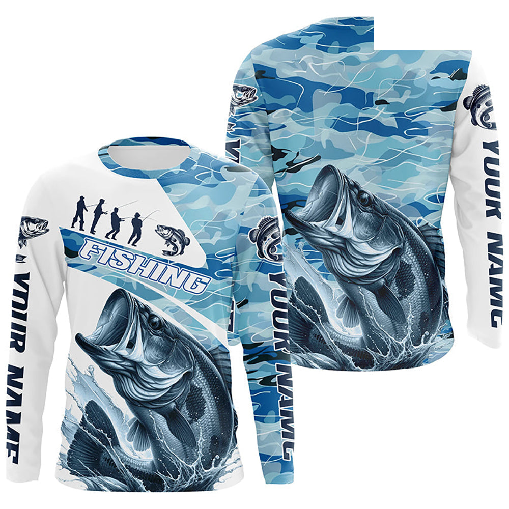 Bass Fishing Custom Long Sleeve Tournament Shirts, Blue Camo Bass Fishing Jerseys For Fisherman IPHW6318