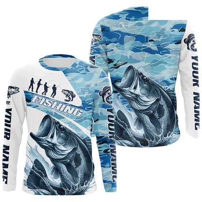 Bass Fishing Custom Long Sleeve Tournament Shirts, Blue Camo Bass Fishing Jerseys For Fisherman IPHW6318