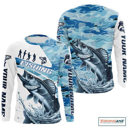 Walleye Fishing Custom Long Sleeve Tournament Shirts, Blue Camo Walleye Fishing Jersey For Fisherman IPHW6319