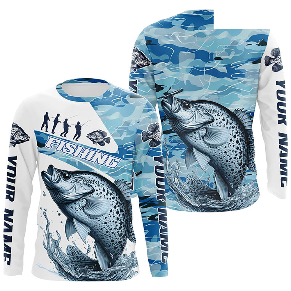 Crappie Fishing Custom Long Sleeve Tournament Shirts, Blue Camo Crappie Fishing Jersey For Fisherman IPHW6320
