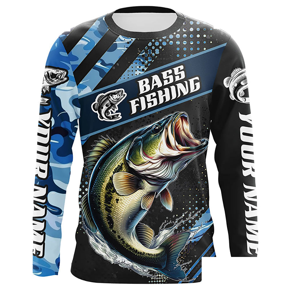 Personalized Blue Camo Bass Fishing Jerseys, Largemouth Bass Long Sleeve Tournament Fishing Shirts IPHW6329
