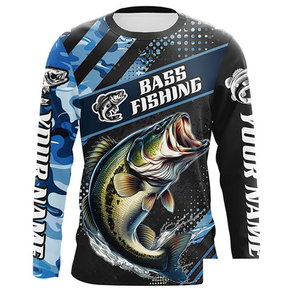 Personalized Blue Camo Bass Fishing Jerseys, Largemouth Bass Long Sleeve Tournament Fishing Shirts IPHW6329
