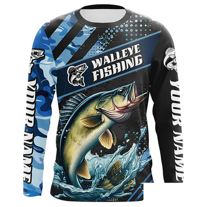 Personalized Blue Camo Walleye Fishing Jerseys, Walleye Long Sleeve Tournament Fishing Shirts IPHW6330