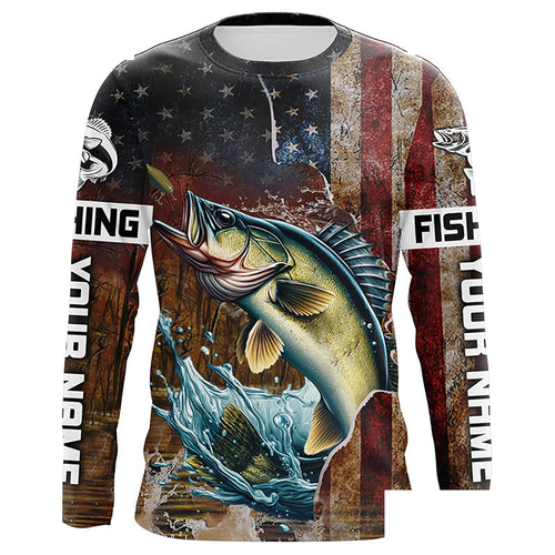 Custom Walleye Long Sleeve Fishing Shirts For Men, Patriotic Amerian Flag Walleye Fishing Shirt IPHW6891