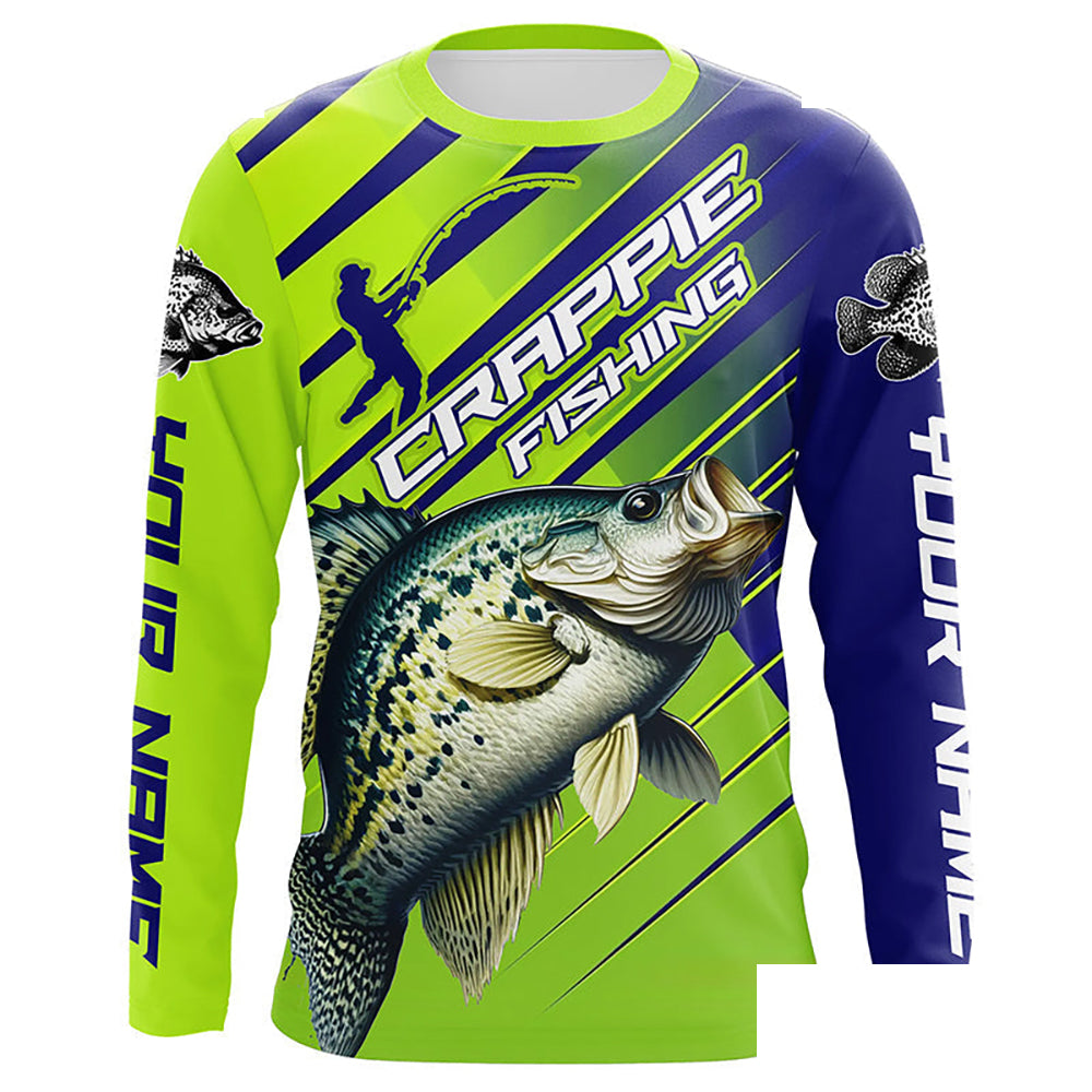 Crappie Fishing Custom Long Sleeve Tournament Shirts, Green And Blue Crappie Fishing Jerseys IPHW6894