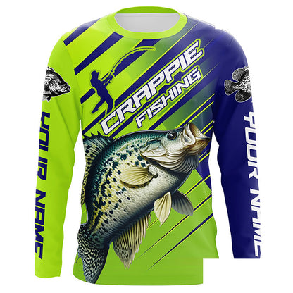 Crappie Fishing Custom Long Sleeve Tournament Shirts, Green And Blue Crappie Fishing Jerseys IPHW6894