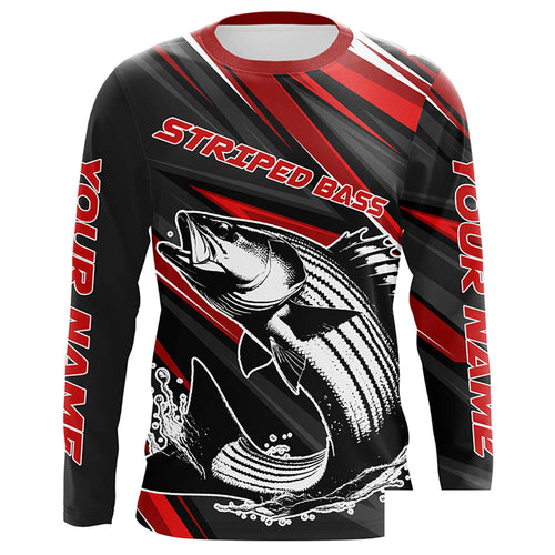 Black And Red Striped Bass Fishing Jerseys, Custom Striper Long Sleeve Performance Fishing Shirts IPHW6897