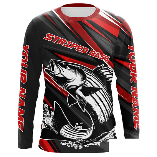 Black And Red Striped Bass Fishing Jerseys, Custom Striper Long Sleeve Performance Fishing Shirts IPHW6897