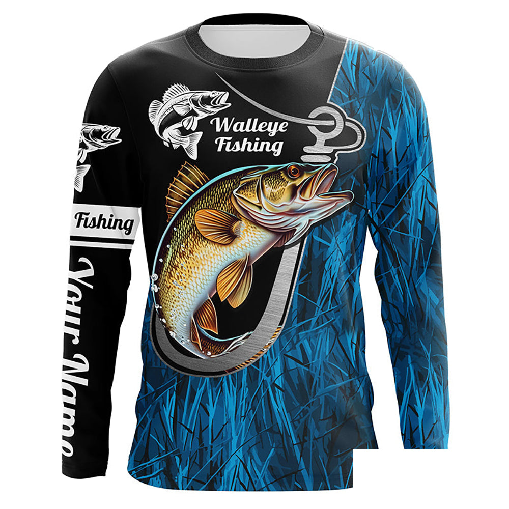 Fish Hook Walleye Fishing Custom Long Sleeve Tournament Fishing Shirts Fishing Jerseys | Blue Camo IPHW5736