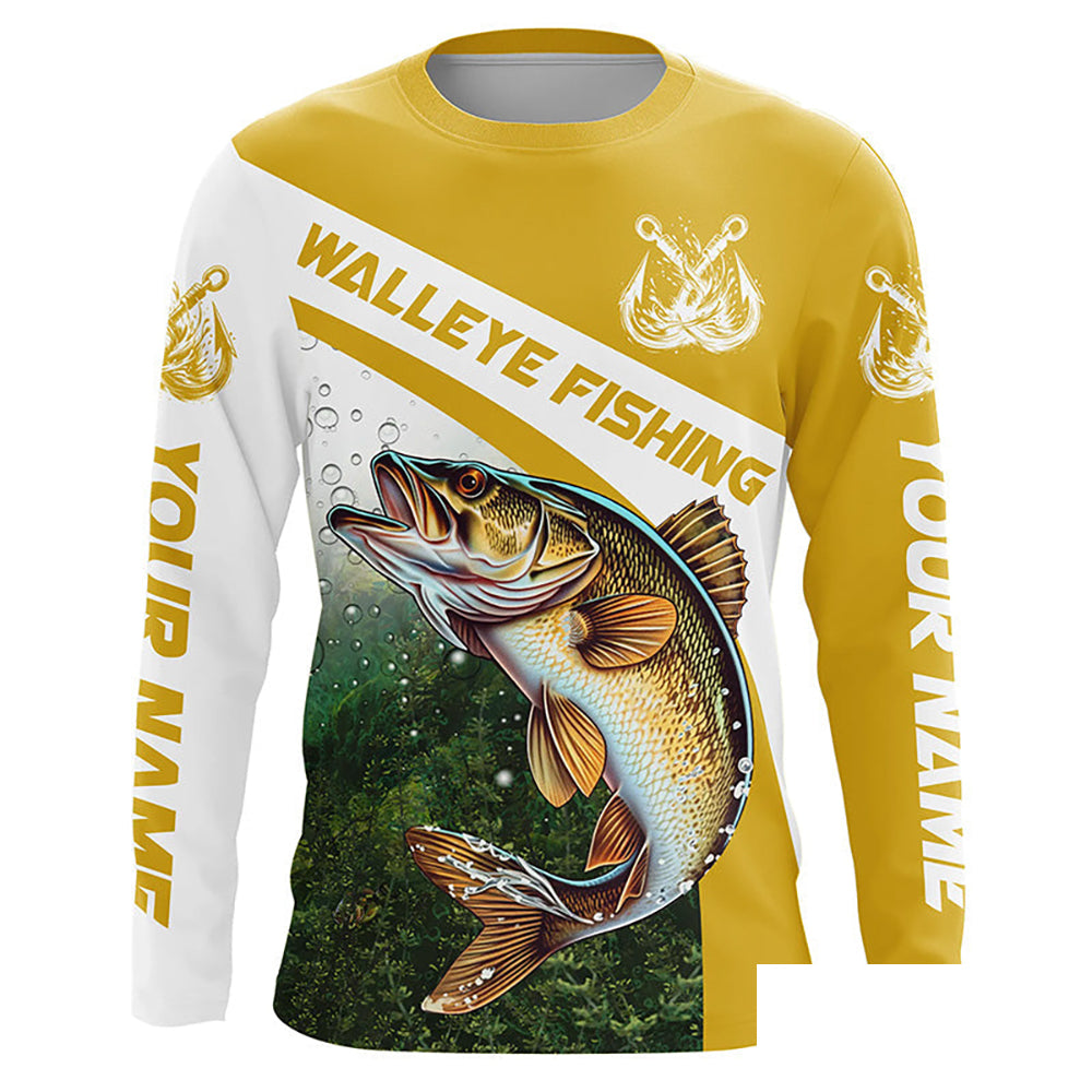 Walleye Fishing Custom Long Sleeve Fishing Shirts, Walleye Tournament Fishing Jerseys | Yellow IPHW5743