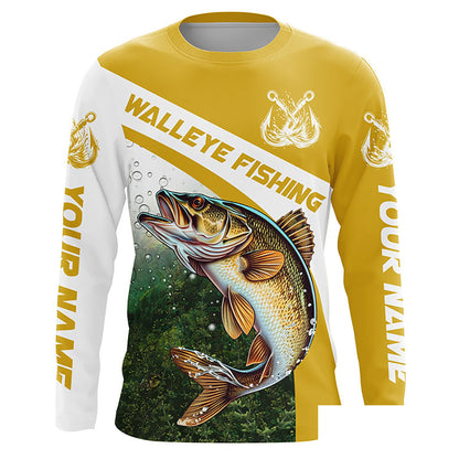 Walleye Fishing Custom Long Sleeve Fishing Shirts, Walleye Tournament Fishing Jerseys | Yellow IPHW5743
