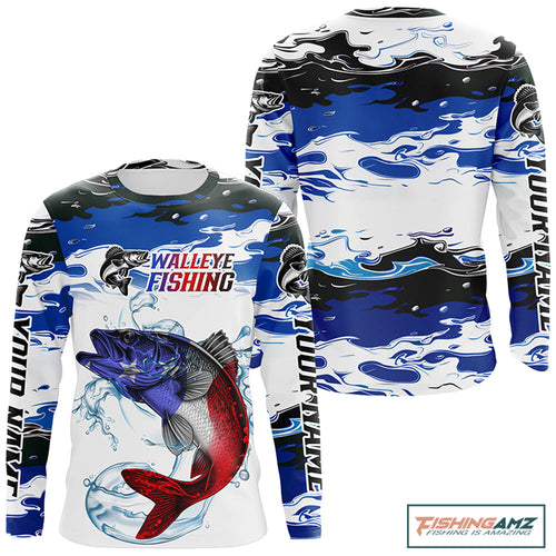 Custom Patriotic Walleye Fishing Camo Jerseys, American Flag Walleye Long Sleeve Fishing Shirts IPHW6050