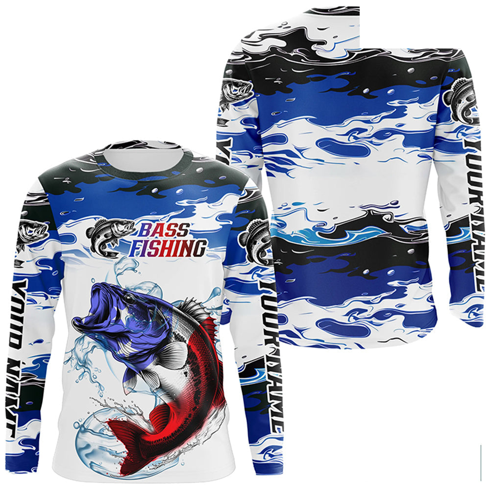 Custom Patriotic Bass Fishing Camo Jerseys, American Flag Bass Long Sleeve Fishing Shirts IPHW6051