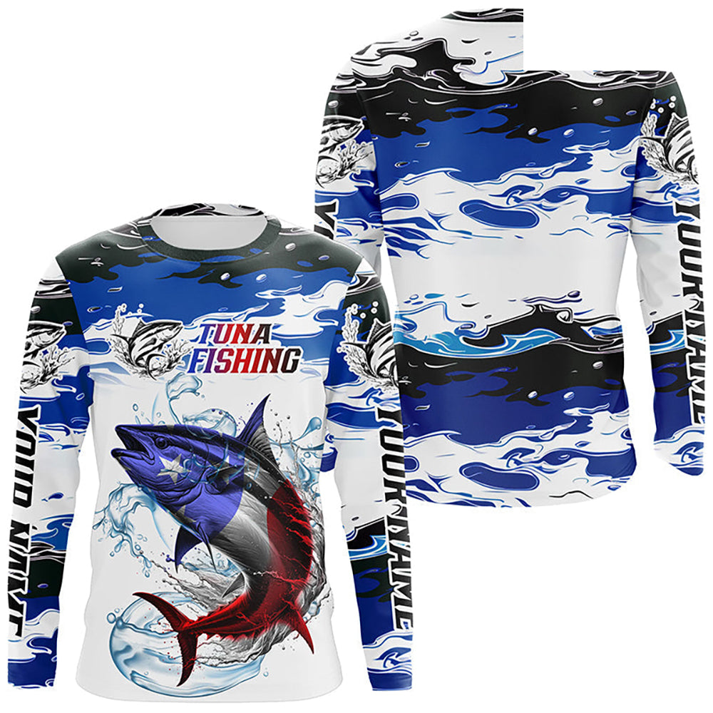 Custom Patriotic Tuna Fishing Camo Jerseys, American Flag Tuna Long Sleeve Saltwater Fishing Shirts IPHW6052