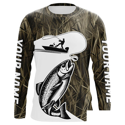 Custom Trout Fishing Camo Long Sleeve Fishing Shirts, Trout Tournament Fly Fishing Shirt IPHW7421