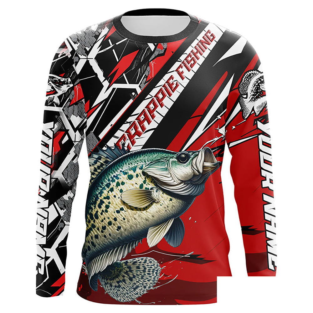 Personalized Crappie Fishing Jerseys, Crappie Long Sleeve Tournament Fishing Shirts | Black And Red IPHW6356