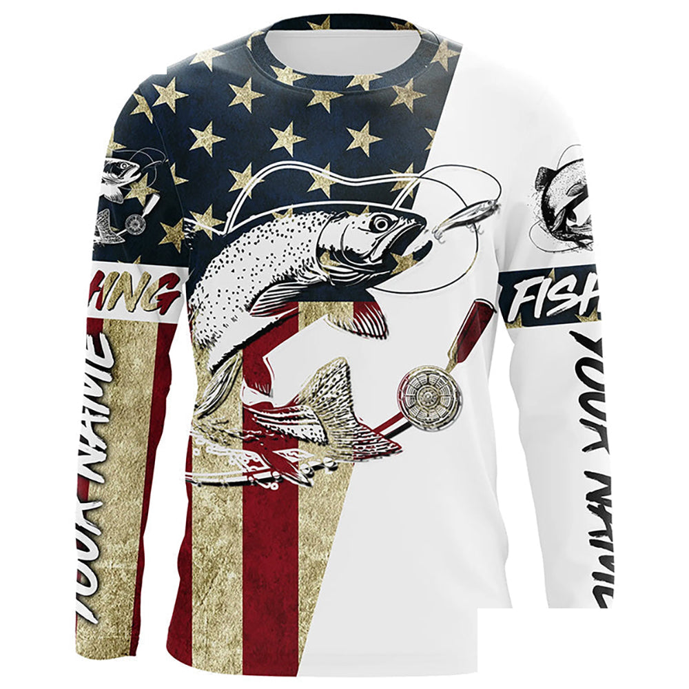 Vintage American Flag Custom Trout Fly Fishing Shirts, Patriotic Trout Fishing Jerseys IPHW6392