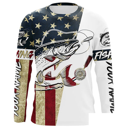 American Flag Custom Chinook Salmon Fishing Long Sleeve Shirts, Patriotic Salmon Fishing Jerseys IPHW6393