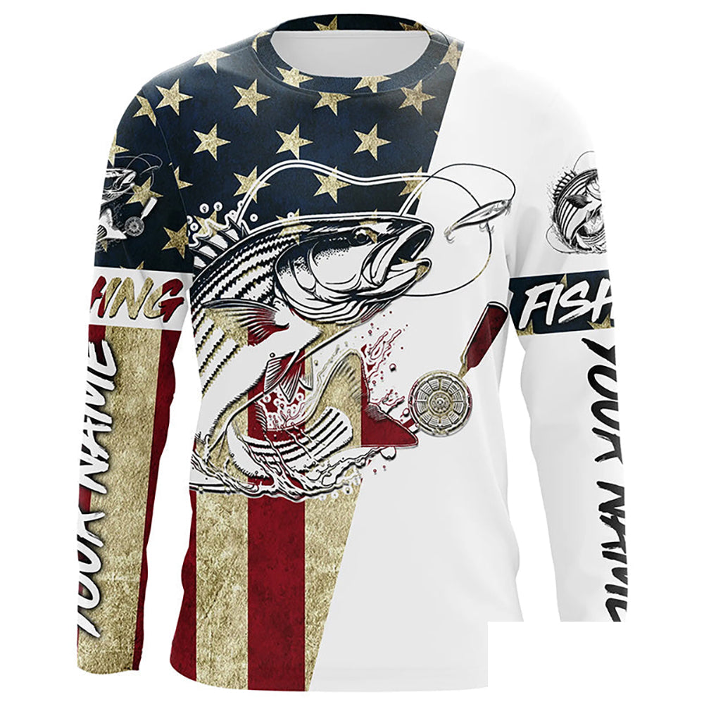 American Flag Custom Striped Bass Fishing Long Sleeve Shirts, Patriotic Stripper Fishing Jerseys IPHW6394