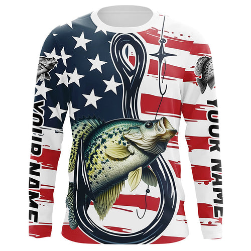 US Flag Fish Hook Custom Patriotic Crappie Long Sleeve Fishing Shirts, Crappie Fishing Jerseys IPHW7956