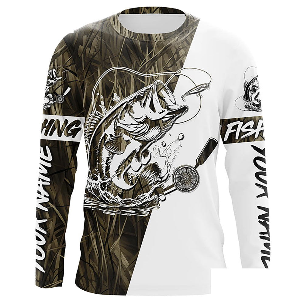 Custom Bass Fishing Tattoo Grass Camo Long Sleeve Tournament Fishing Shirts, Bass Fishing Jerseys IPHW6077