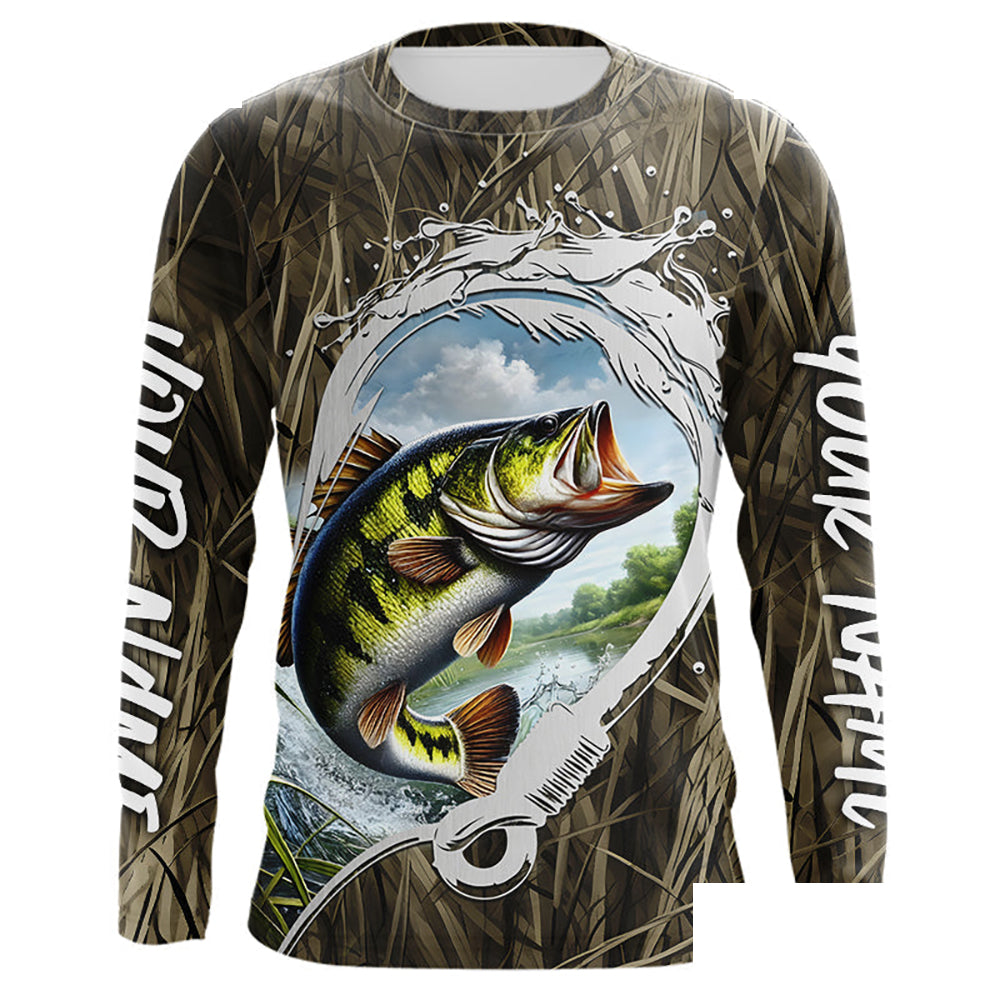Custom Largemouth Bass Long Sleeve Tournament Fishing Shirts, Camo Fish Hook Bass Fishing Jerseys IPHW8150