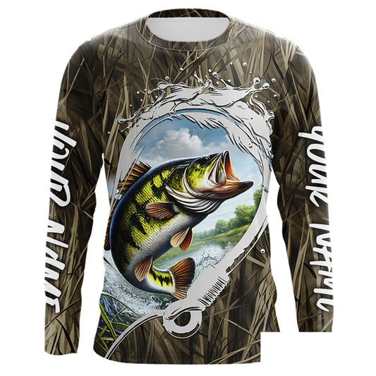 Custom Largemouth Bass Long Sleeve Tournament Fishing Shirts, Camo Fish Hook Bass Fishing Jerseys IPHW8150