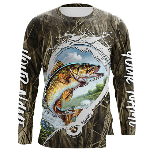Custom Walleye Long Sleeve Tournament Fishing Shirts, Camo Fish Hook Walleye Fishing Jerseys IPHW8151
