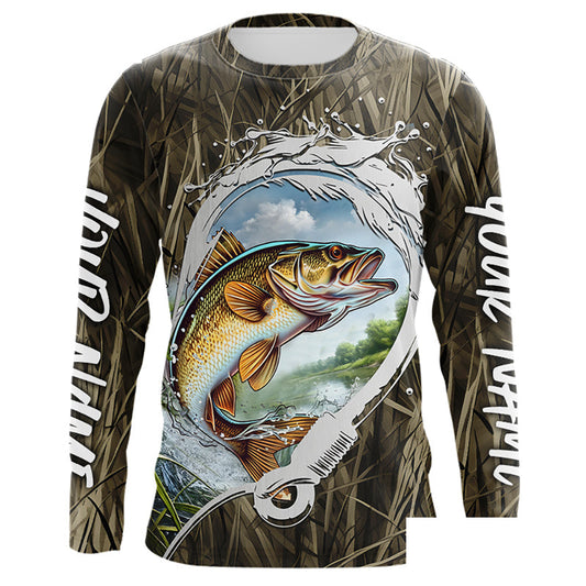 Custom Walleye Long Sleeve Tournament Fishing Shirts, Camo Fish Hook Walleye Fishing Jerseys IPHW8151