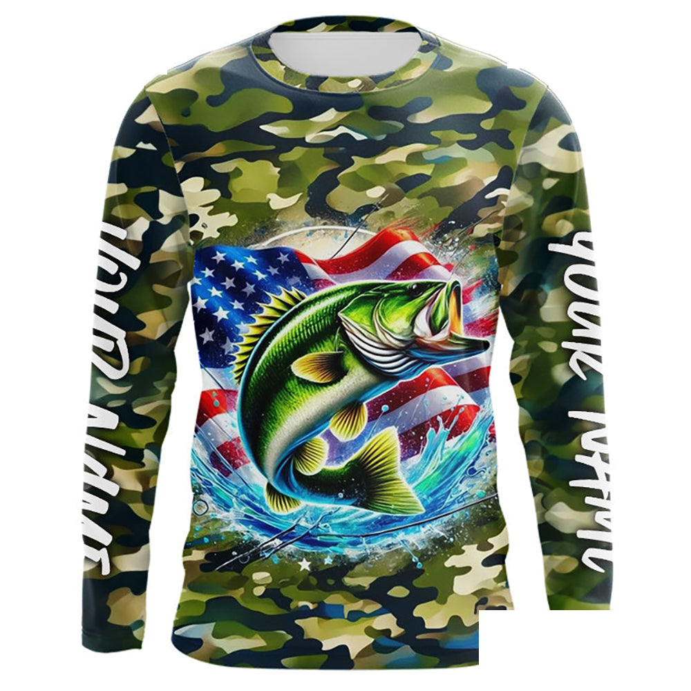 US Flag Largemouth Bass Fishing Camo Custom Patriotic Long Sleeve Tournament Fishing Shirts IPHW8161