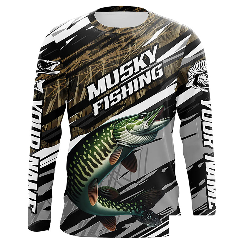 Musky Fishing Grass Camo Custom Long Sleeve Shirts, Muskie Uv Protection Tournament Fishing Jerseys IPHW6080