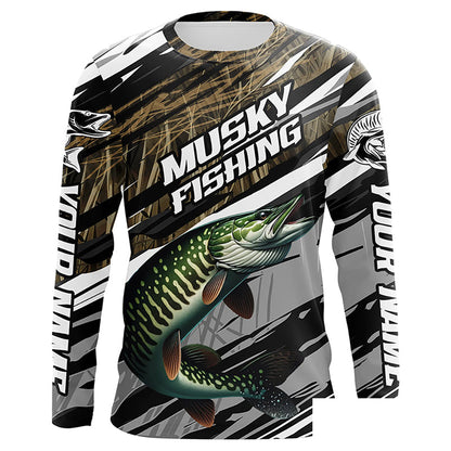 Musky Fishing Grass Camo Custom Long Sleeve Shirts, Muskie Uv Protection Tournament Fishing Jerseys IPHW6080