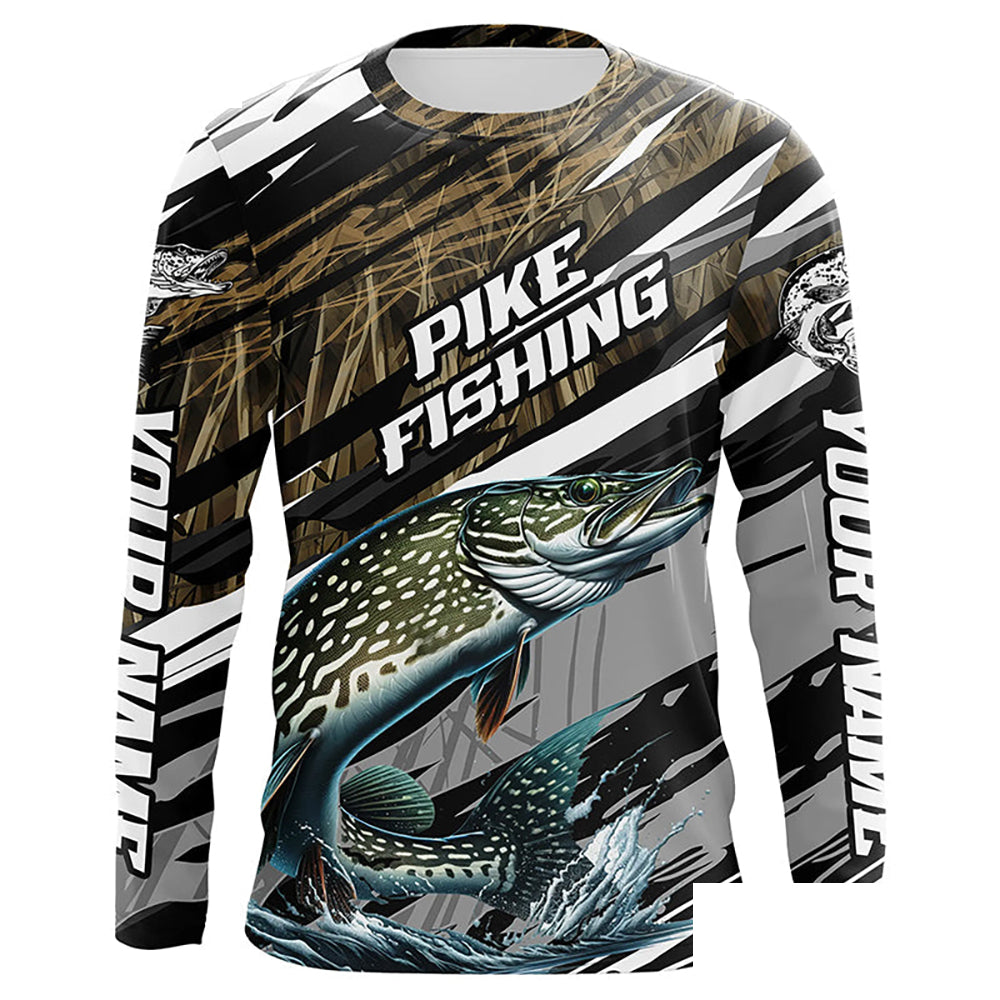 Pike Fishing Grass Camo Custom Long Sleeve Shirts, Pike Uv Protection Tournament Fishing Jerseys IPHW6081