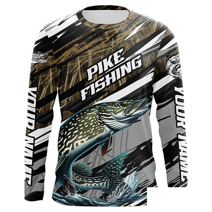 Pike Fishing Grass Camo Custom Long Sleeve Shirts, Pike Uv Protection Tournament Fishing Jerseys IPHW6081