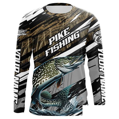Pike Fishing Grass Camo Custom Long Sleeve Shirts, Pike Uv Protection Tournament Fishing Jerseys IPHW6081