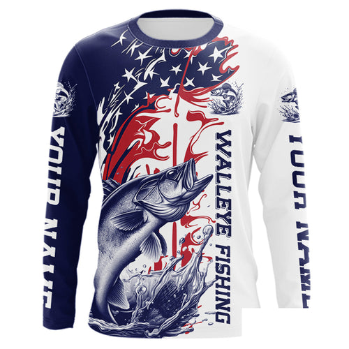 Custom Patriotic Walleye Long Sleeve Fishing Shirts, Red White And Blue Fishing Shirt IPHW9130