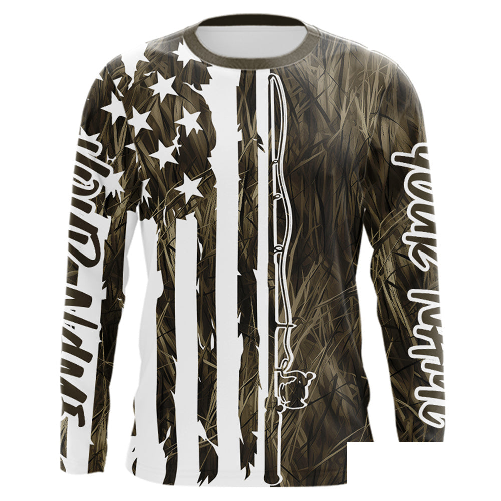 Custom US Fishing Rod Grass Camo Patriotic Long Sleeve Fishing Shirts IPHW9135