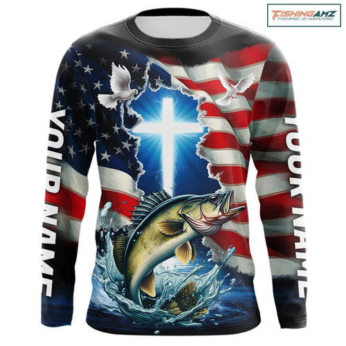 Custom Faith Walleye Patriotic Long Sleeve Tournament Fishing Shirt, US Fishing Jerseys IPHW8177
