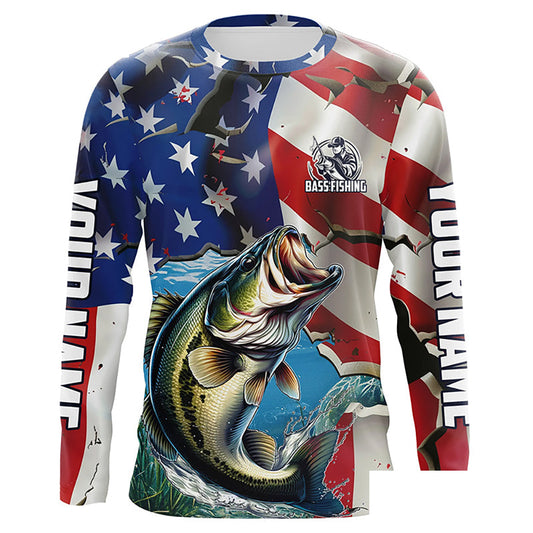 Personalized American Flag Bass Long Sleeve Fishing Shirts, Patriotic Bass Fisherman Jerseys IPHW6099
