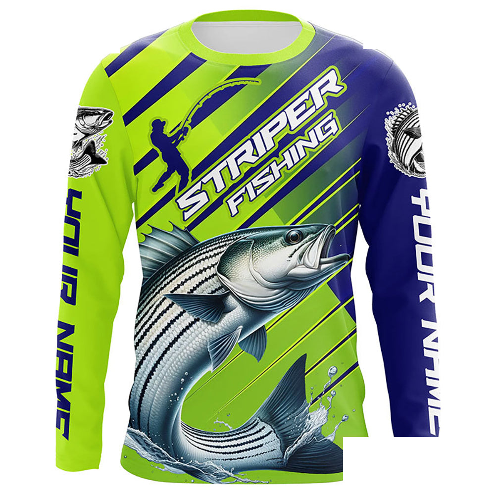 Personalized Striped Bass Fishing Tournament Jerseys, Performance Long Sleeve Shirts In Blue & Green IPHW6624