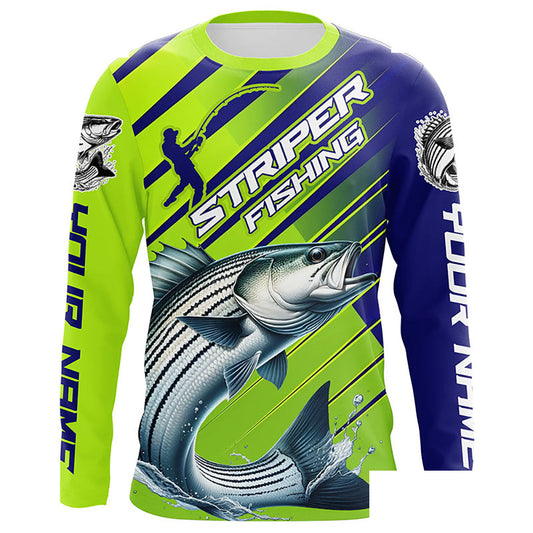 Personalized Striped Bass Fishing Tournament Jerseys, Performance Long Sleeve Shirts In Blue & Green IPHW6624